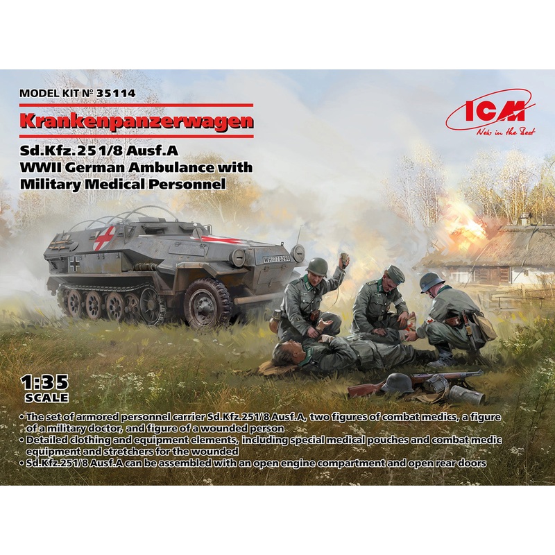 ICM 35114 1:35 Sd.Kfz.251/8 Ausf.A WWII German Ambulance with Military Medical Personnel'
