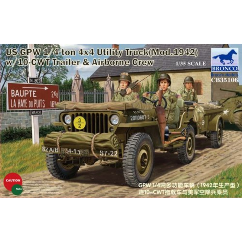 Bronco Models CB35106 1:35 U.S. GPW 1/4ton 4x4 Utility Truck (Mod.1942) with 10-cwt Trailer & Airborne Crew