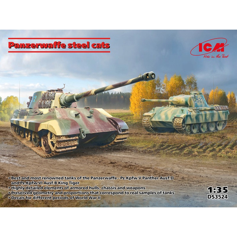 ICM DS3524 1:35 Panzerwaffe steel cats Panther Ausf.D, Pz.Kpfw.VI Ausf.B King Tiger