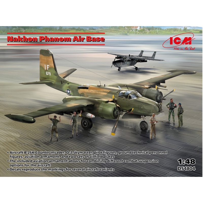 ICM DS4804 1:48 Nakhon Phanom Air Base including O-2A, B-26K, US pilots & ground personnel, airfield matting.