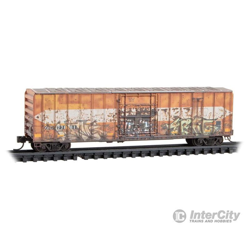 Micro Trains N 2744540 50' Rib-Side Plug-Door Boxcar No Roofwalk - Ready to Run - Quebec Central #77181 (Weathered, Ex-EACH, orange, white, graffiti, Per Die
