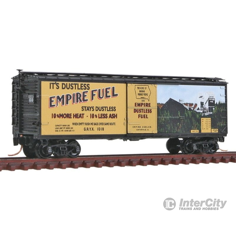 Micro Trains N 3900240 40' Double-Sheathed Wood Boxcar w/Vertical Brake Wheel - Ready to Run -- Empire Fuel GRYX #1018 (yellow, black, Add-On Coal Hatches, Special Graphics