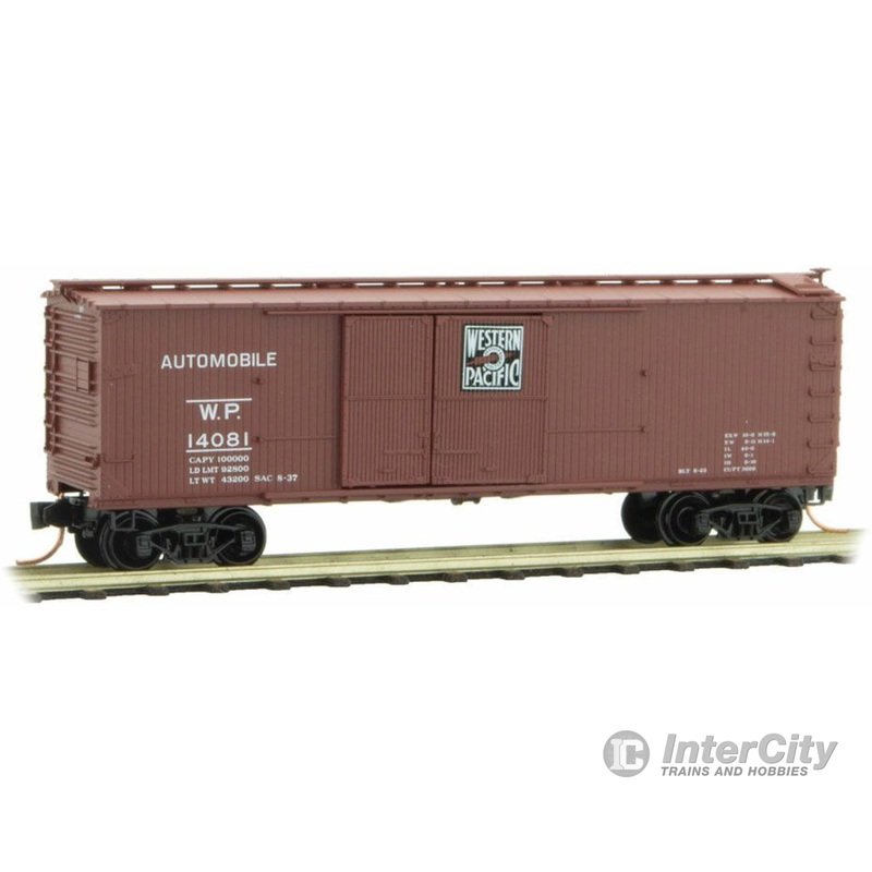 Micro Trains N 4100050 40' Double-Sheathed 1-1/2-Door Wood Boxcar, Vertical Brake Wheel Ready to Ru -- Westen Pacific 14081 (Boxcar Red, Feather River Logo)