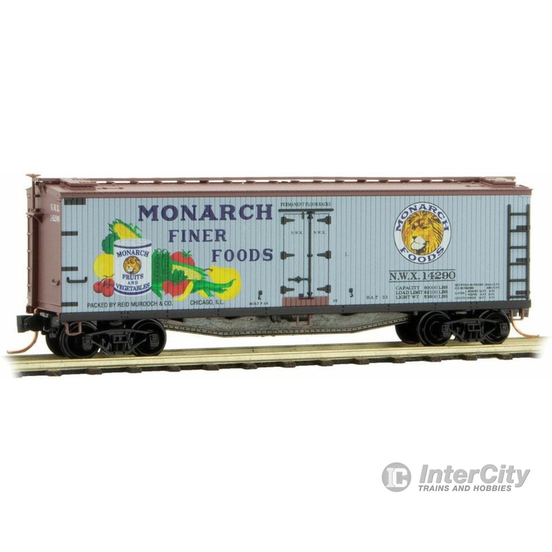 Micro Trains N 4900300 40' Double-Sheathed Wood Reefer with Vertical Brake Wheel - Ready to Run -- Monarch Finer Foods NWX 14200 (gray, Boxcar Red, Farm-to-Table Car 1)