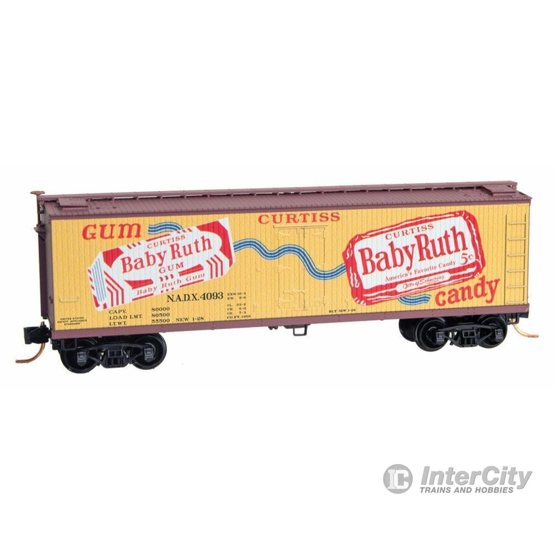 Micro Trains N 4900710 40' Double-Sheathed Wood Reefer w/Vertical Brake Wheel - Ready to Run -- Nestle Baby Ruth NADX #4093 (yellow, Boxcar Red, red, #1 in Nestle Series)
