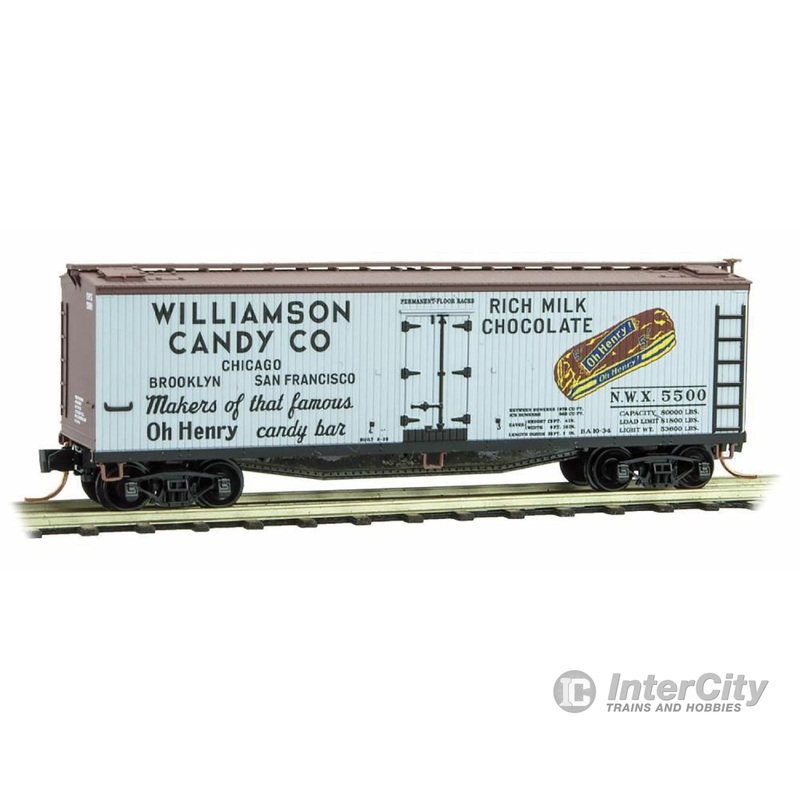 Micro Trains N 4900740 40' Double-Sheathed Wood Reefer w/Vertical Brake Wheel - Ready to Run -- Williamson Candy Co. #5500 (gray, Boxcar Red, black)