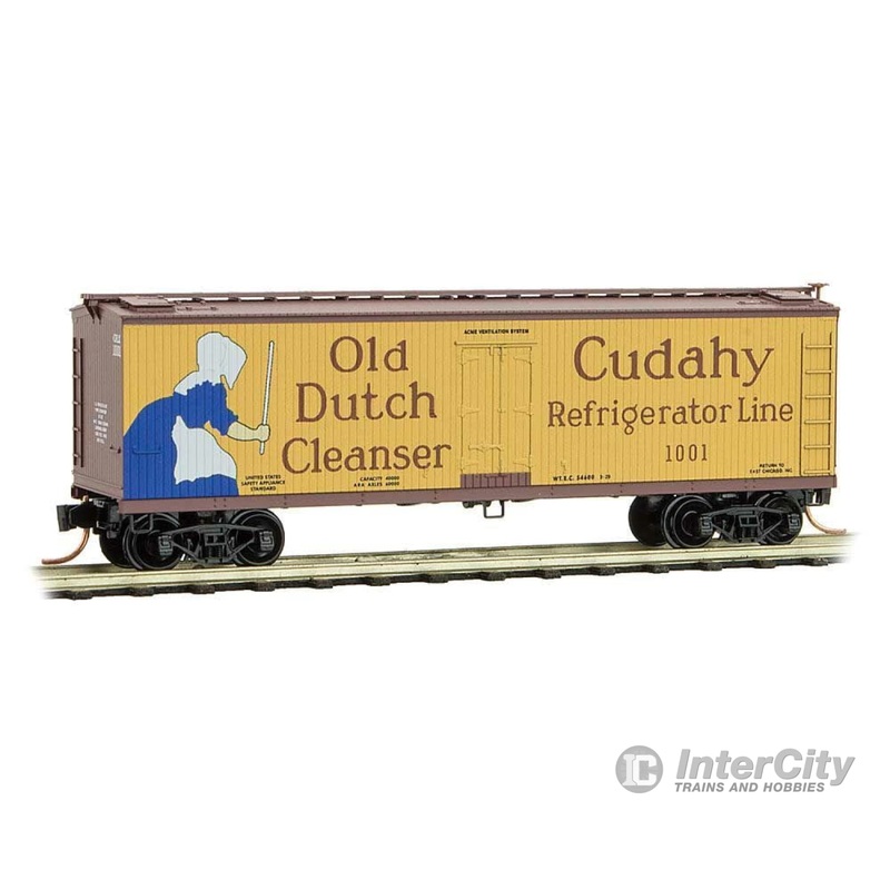 Micro Trains N 4900760 40' Double-Sheathed Wood Reefer - Vertical Brake Wheel - Ready to Run -- Cudahy Refrigerator Line 1001 (yellow, Boxcar Red, Old Dutch & Puritan Lard)