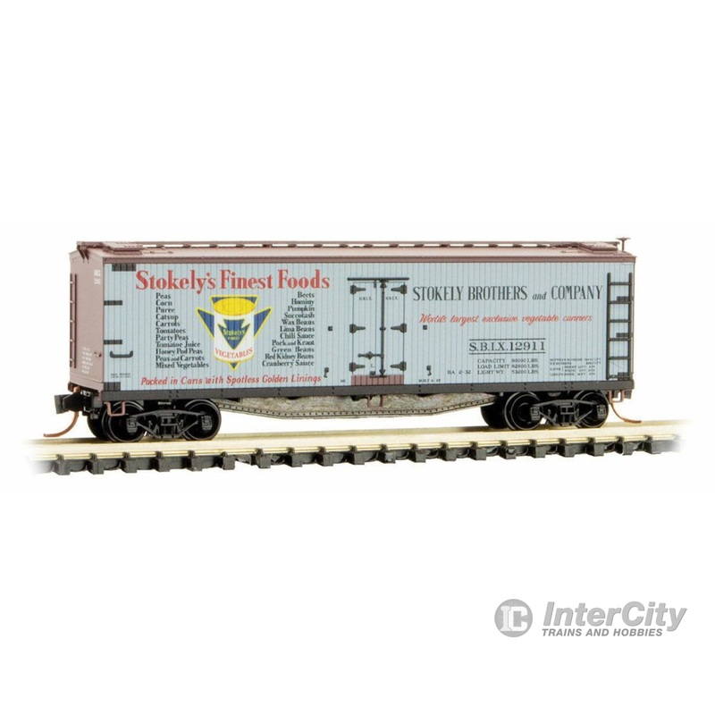 Micro Trains N 4900830 40' Double-Sheathed Wood Reefer with Vertical Brake Wheel - Ready to Run -- Stokely Brothers and Company SBIX 12911 (gray, Boxcar Red, Farm Table Serie