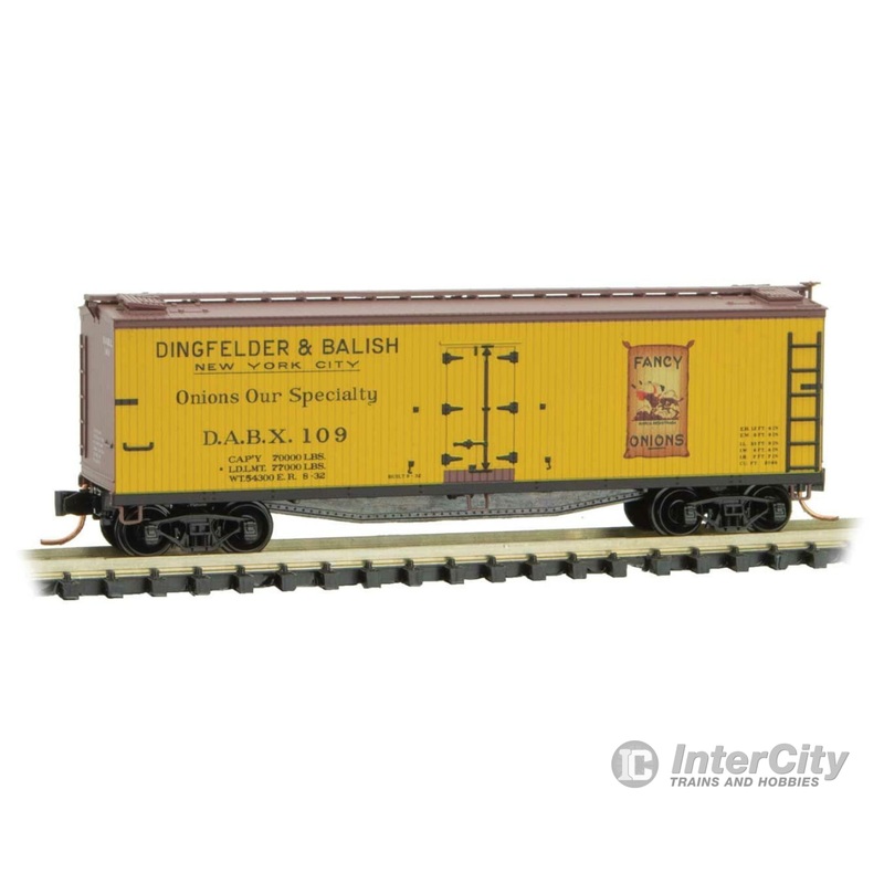 Micro Trains N 4900850 40' Double-Sheathed Wood Reefer with Vertical Brake Wheel - Ready to Run -- Dingfelder & Balish DABX 109 (yellow, Boxcar Red)