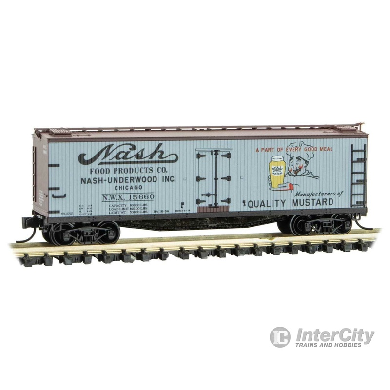 Micro Trains N 4900860 40' Double-Sheathed Wood Reefer with Vertical Brake Wheel - Ready to Run -- Nash-Underwood NWX 15660 (gray, Boxcar Red, black, Farm-to-Table 9)