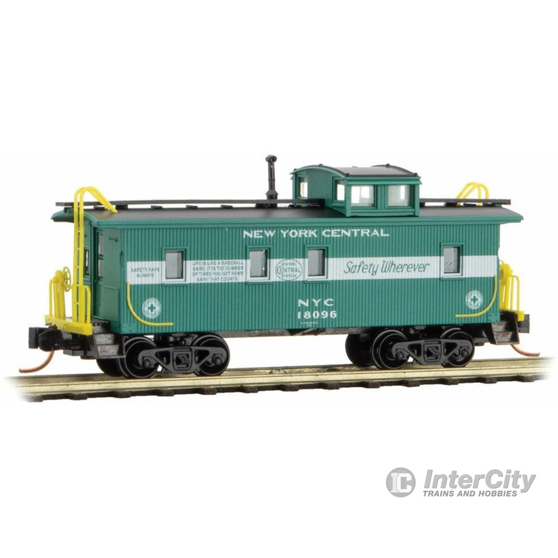 Micro Trains N 5100320 34' Wood-Sheathed Caboose with Straight Cupola - Ready to Run -- New York Central #18096 (green, white; Safety Slogans)