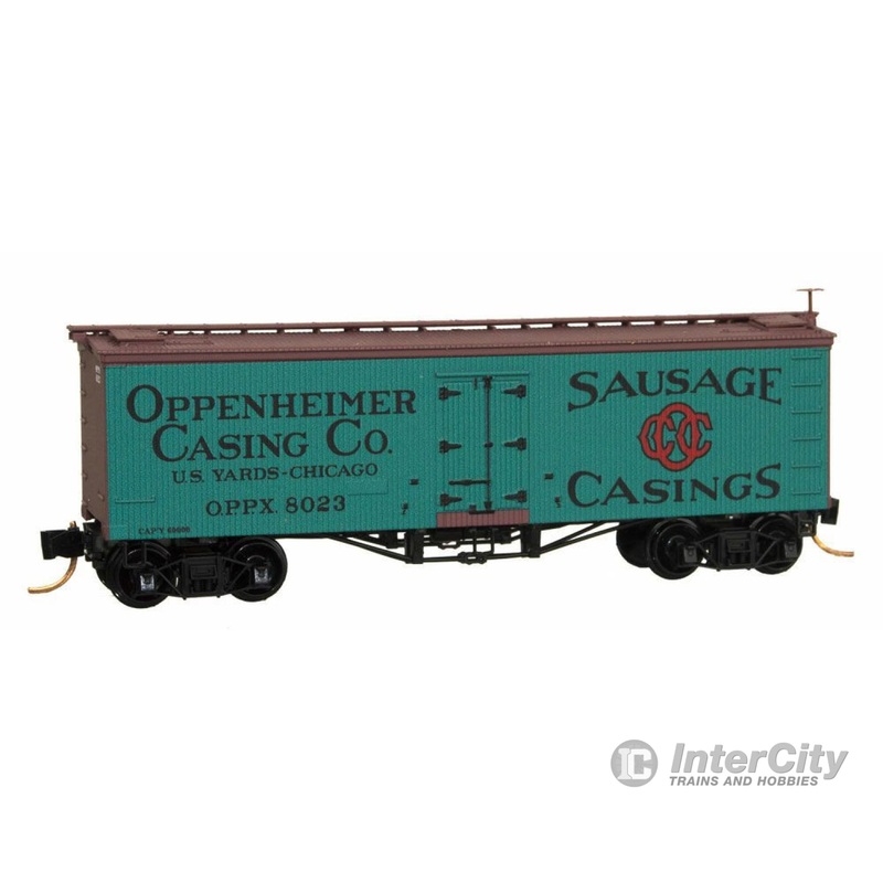 Micro Trains N 5800040 36' Wood-Sheathed Ice Reefer - Ready to Run -- Oppenheimer Casing Company OPPX #8023 (green, Boxcar Red, black red)