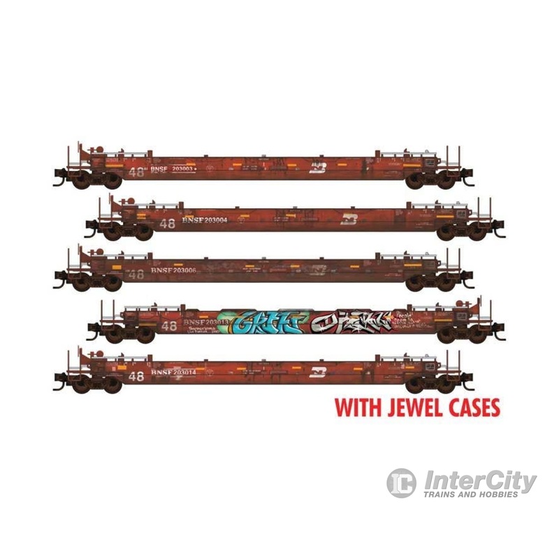 Micro Trains N 98302258 70' Husky-Stack Well Car w/48' Well 5-Pack - Ready to Run - BNSF Railway (Weathered, red, BN Logo, Graffiti