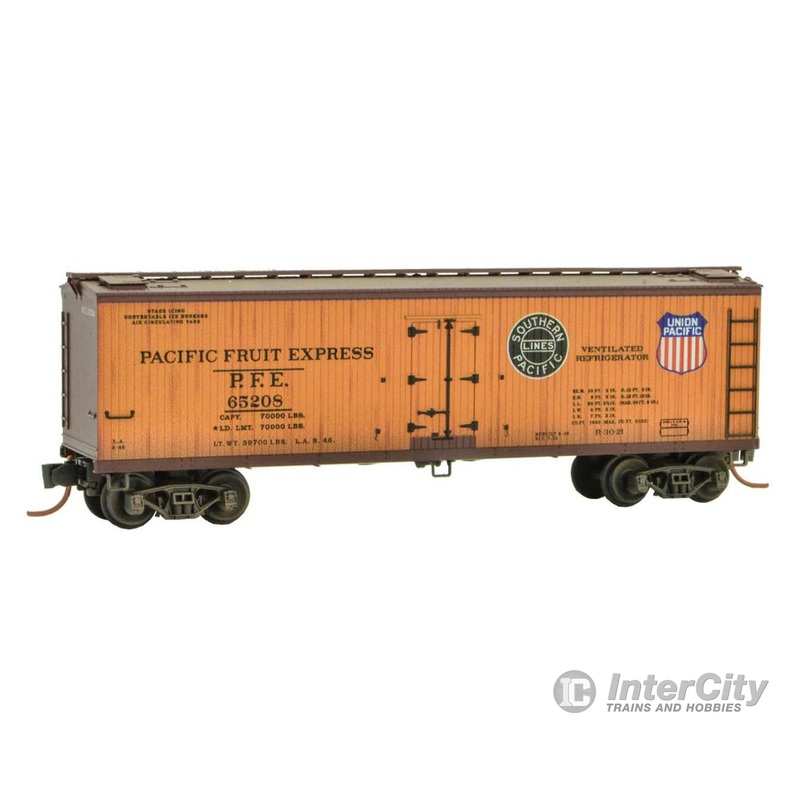 Micro Trains N 99301715 40' Double-Sheathed Wood Reefer 16-Pack - Ready to Run -- Pacific Fruit Express (Weathered, orange, Boxcar Red)