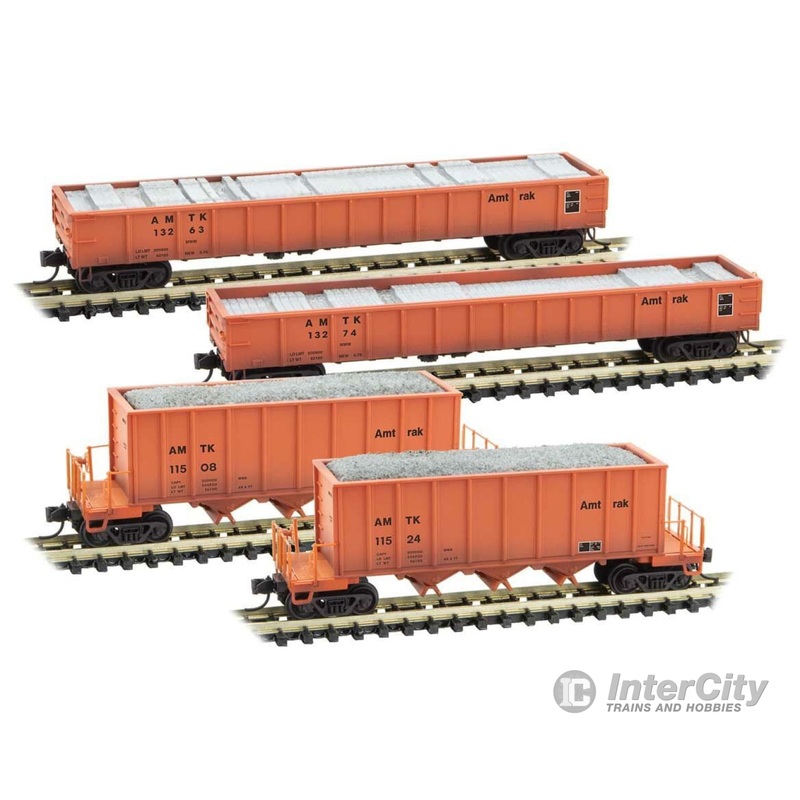 Micro Trains N 99302010 2-43 Rapid Discharge Hopper and 2-50 Gondola Set and Loads - Ready to Run -- Amtrak 11508, 11524, 13263, 13274 (Maintenance-of-Way orange)