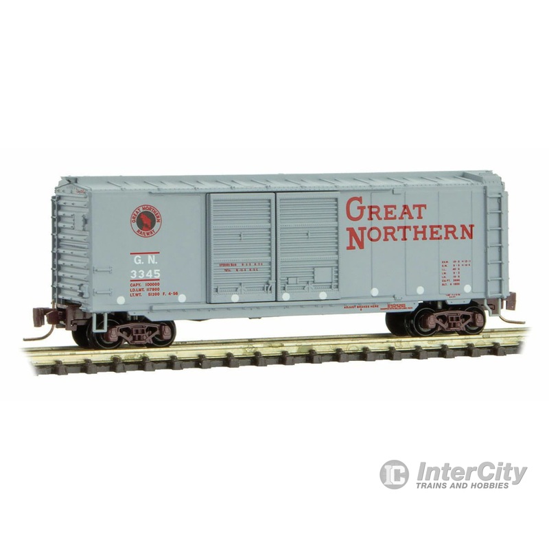 Micro Trains Z 50100240 40' Double-Door Boxcar - Ready to Run -- Great Northern #3345 (gray, red, Circus Series Car #4)