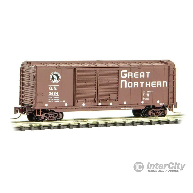 Micro Trains Z 50100250 40' Double-Door Boxcar - Ready to Run -- Great Northern #3484 (1956 Experimental Scheme, Boxcar Red, Circus Series #5