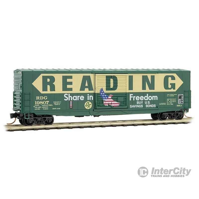 Micro Trains N 18000060 50' Boxcar w/10' Door, No Roofwalk, Short Ladders - Ready to Run -- Reading 19807 (green, yellow, Share in Freedom Savings Bonds Markings)