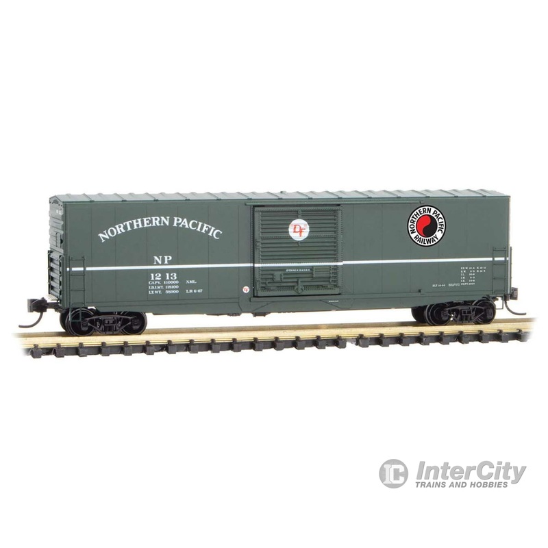 Micro Trains N 18000180 50' Boxcar with 10' Door, No Roofwalk, Short Ladders - Ready to Run -- Northern Pacific 1213 (green, white, Monad Logo)