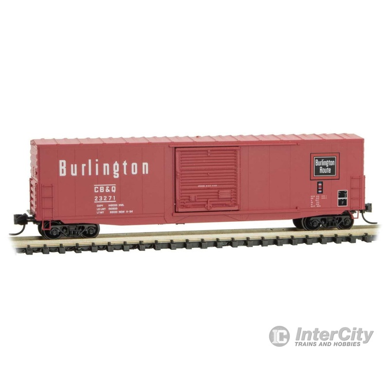 Micro Trains N 18000210 50' Boxcar with 10' Door, No Roofwalk, Short Ladders - Ready to Run -- Chicago, Burlington & Quincy 23271 (red, white, balck)