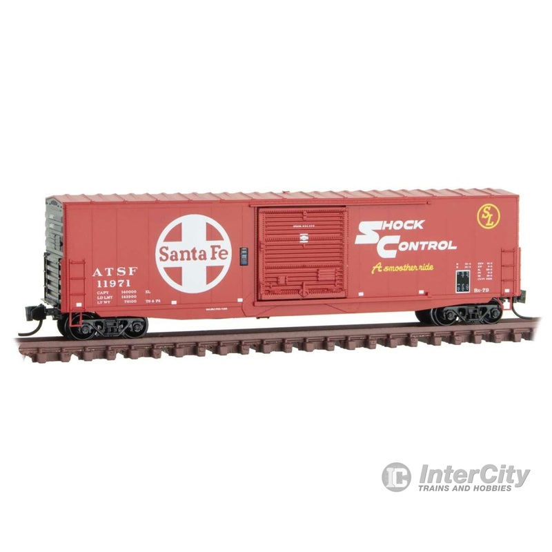 Micro Trains N 18000240 50' Boxcar with 10' Door, No Roofwalk, Short Ladders - Ready to Run -- Santa Fe 11971 (red, balck, white, Large Logo, Shock Control)