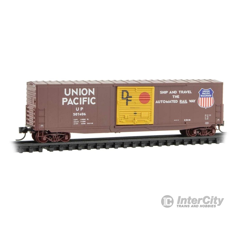 Micro Trains N 18000361 50' Boxcar with 10' Door, No Roofwalk, Short Ladders - Ready to Run -- Union Pacific #507406 (Boxcar Red, yellow Door, Automated Railway Slogan)