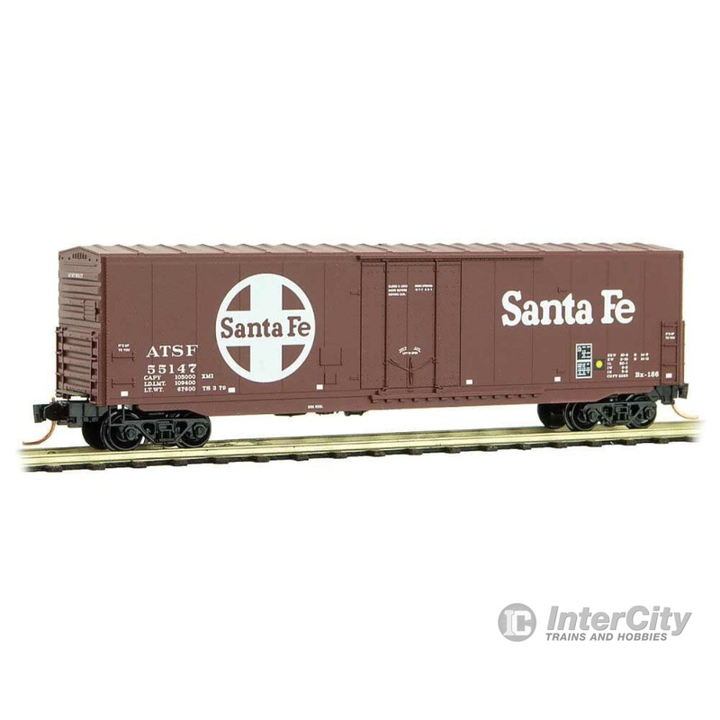Micro Trains N 18100010 50' Boxcar with 8' Plug Door, No Roofwalk, Short Ladders - Ready to Run -- Santa Fe #55147 (Boxcar Red, white, Large Logo, Cooper Lettering)