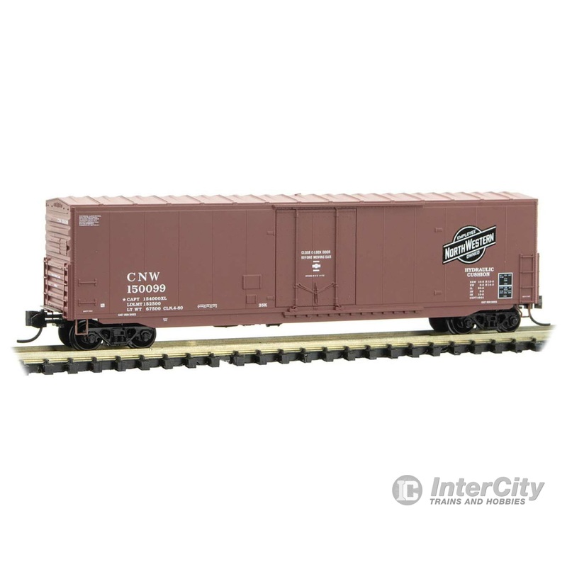 Micro Trains N 18100100 50' Boxcar with 8' Plug Door, No Roofwalk, Short Ladders - Ready to Run -- Chicago & North Western 150099 (Boxcar Red, black, Employee Owned Logo)