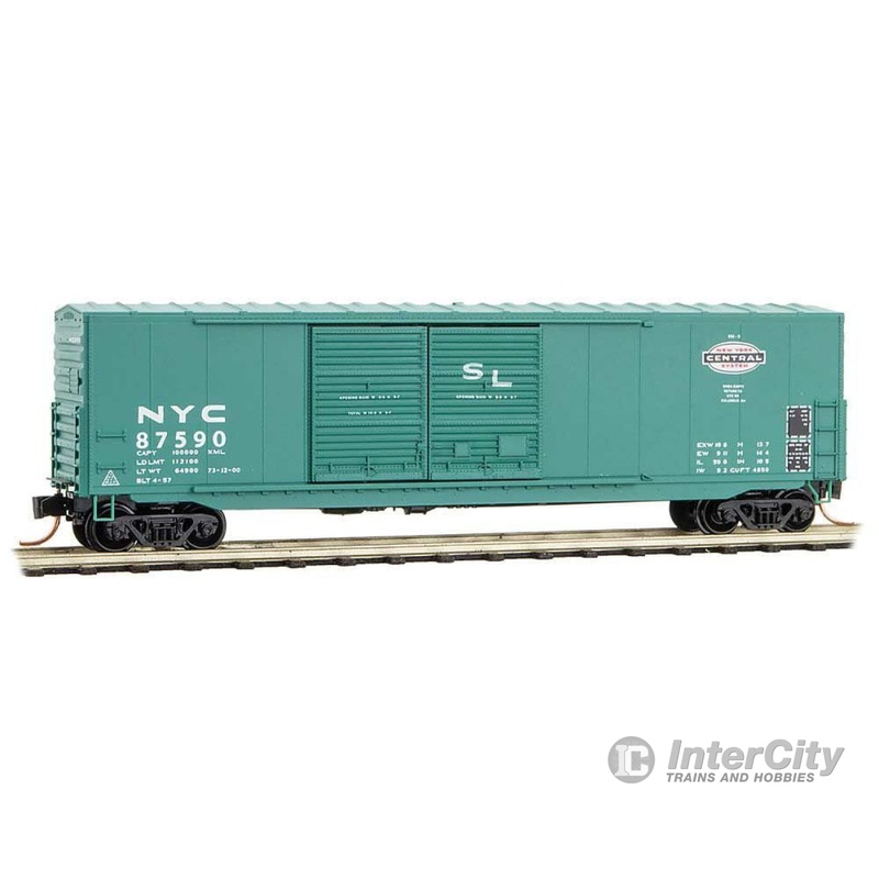 Micro Trains N 18200020 50' Double-Door Boxcar w/8' Doors, No Roofwalk, Short Ladders - Ready to Run -- New York Central 87590 (Jade Green, Small System Logo)