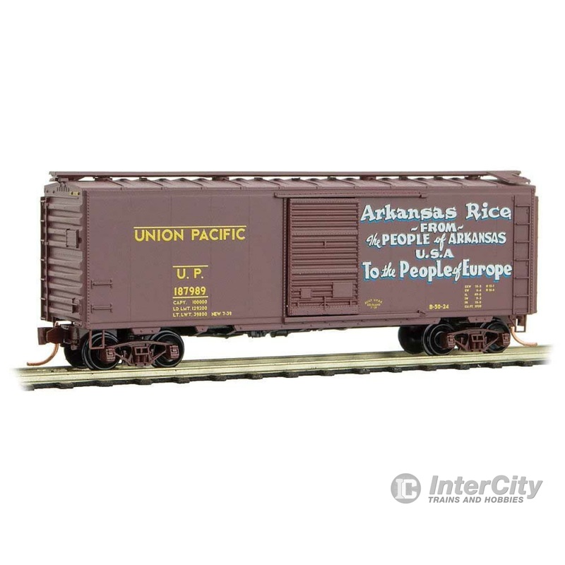 Micro Trains N 2000017 40' Single-Door Boxcar - Ready to Run -- Union Pacific #187889 (Boxcar Red, yellow, Arkansas Rice, Friendship Train #