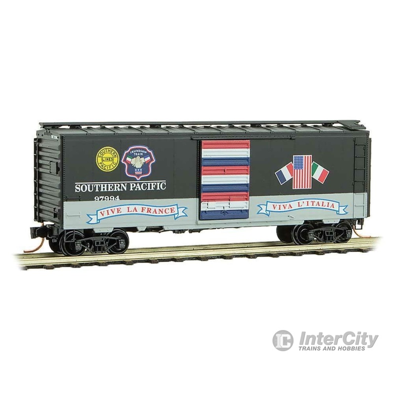 Micro Trains N 2000027 40' Single-Door Boxcar - Ready to Run -- Southern Pacific 97994 (black, gray, Friendship Train Series No. 8)