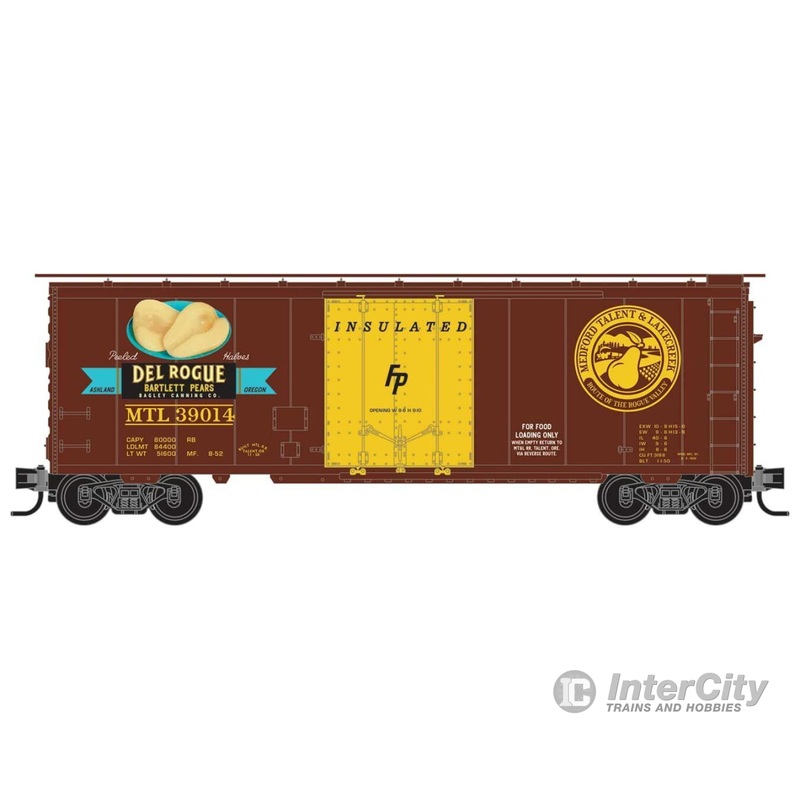 Micro Trains N 2150621 40' Plug-Door Boxcar - Ready to Run -- Medford, Talent & Lakecreek #39014 (Boxcar Red, yellow, Del Rogue Pears Logo