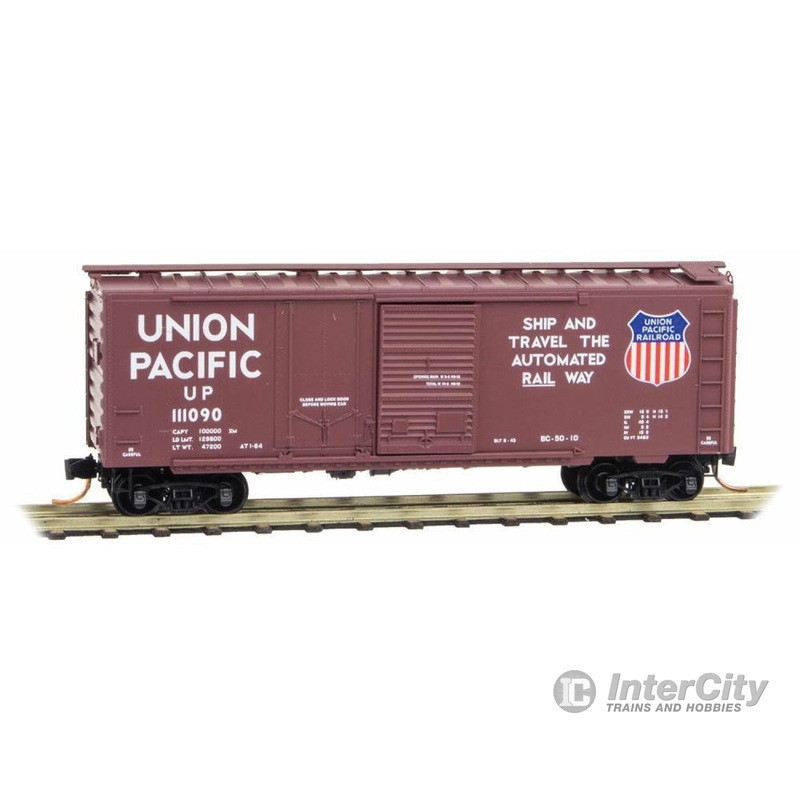 Micro Trains N 2200191 40' Plug & Sliding Door Boxcar - Ready to Run -- Union Pacific #111090 (Boxcar Red, Large Color Sheld, Automated Slogan)