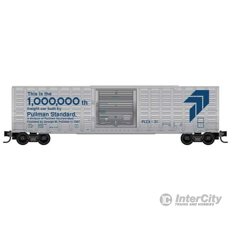 Micro Trains N 2500246 50' Rib-Side Single-Door Boxcar w/Waffle Sides - Ready to Run -- Pullman-Standard PLCX #31 (1,000,000th Freight Car Scheme, gray, blue)