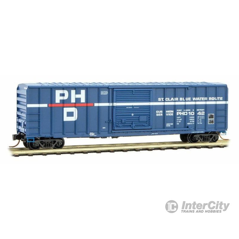 Micro Trains N 2500970 50' Rib-Side Single-Door Boxcar No Roofwalk - Ready to Run -- Port Huron & Detroit #1042 (blue, white, red, Per Diem Series #12)