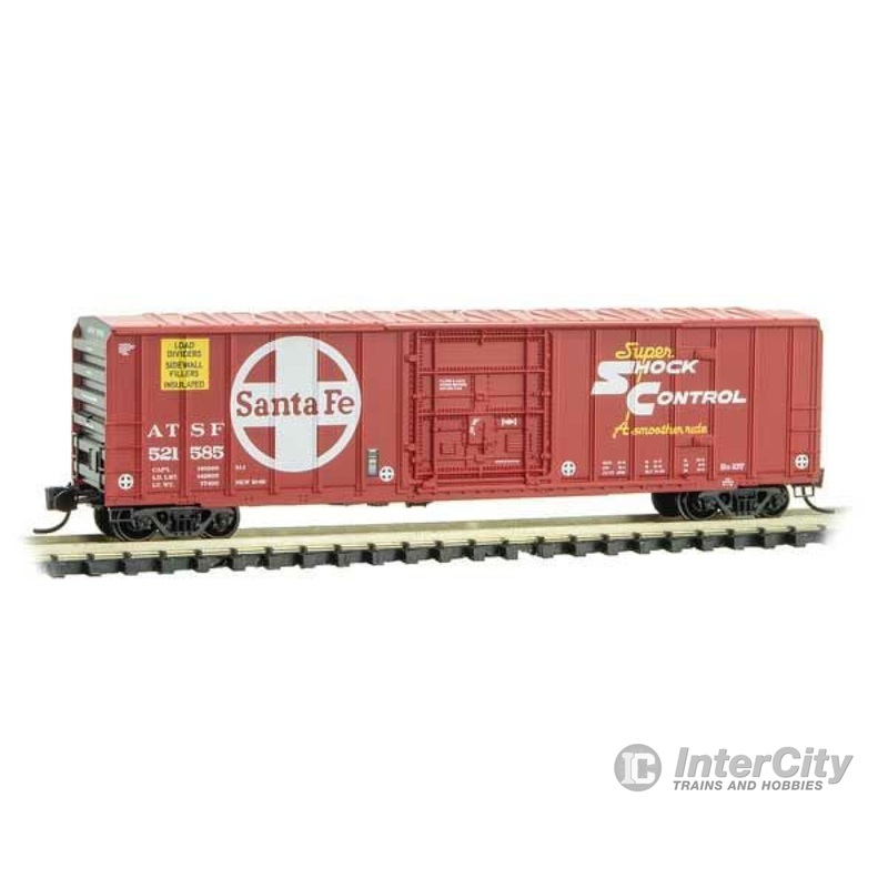 Micro Trains N 2700452 50' Rib-Side Plug-Door Boxcar No Roofwalk - Ready to Run -- Santa Fe #521585 (red, black, white; Large Logo, Shock Control Markings)