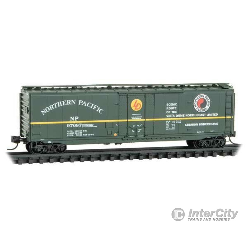 Micro Trains N 3200201 50' Plug-Door Boxcar - Ready to Run -- Northern Pacific #97697 (green, yellow, Monad Logo, North Coast Ltd Slogan)