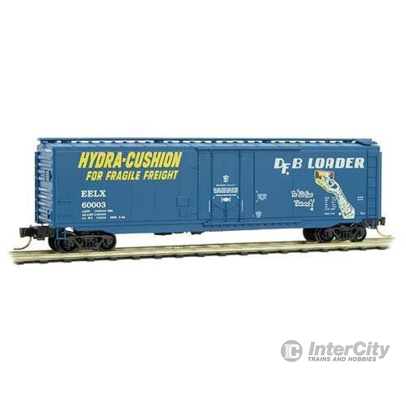 Micro Trains N 3200500 50' Plug-Door Boxcar - Ready to Run -- Evans EELX 60003 (blue, yellow, white, DFB, Hydra Cushion & Kid Gloves)