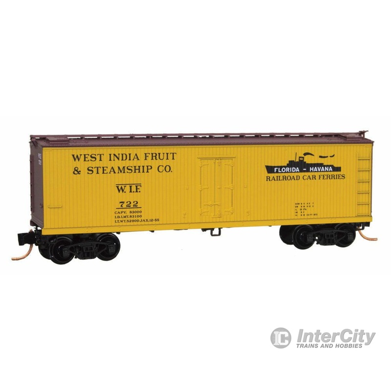 Micro Trains N 4900510 40' Double-Sheathed Wood Reefer w/Vertical Brake Wheel - Ready to Run -- West India Fruit & Steamship WIF #722 (yellow, Boxcar Red, black)
