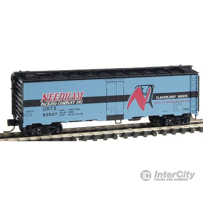 Micro Trains N 5900140 40' Steel Ice Reefer - Ready to Run -- Needham Packing Co., Inc. URTX (Blue, Black Roof/Ends, Black & Red Lettering)