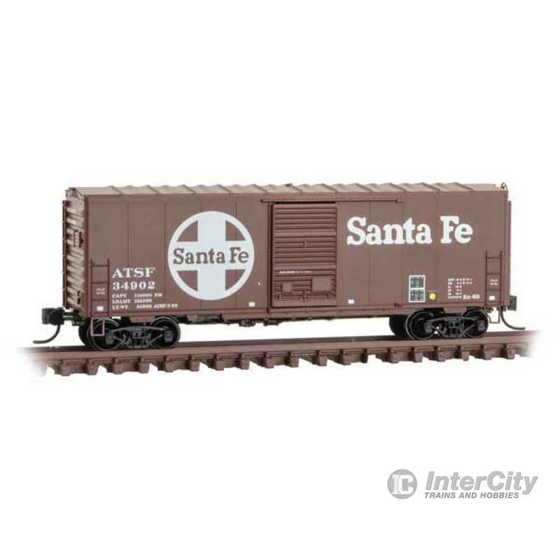 Micro Trains N 7300560 40' Single-Door Boxcar No Roofwalk - Ready to Run -- Santa Fe 34902 (1980, Boxcar Red, white, Large Logo)