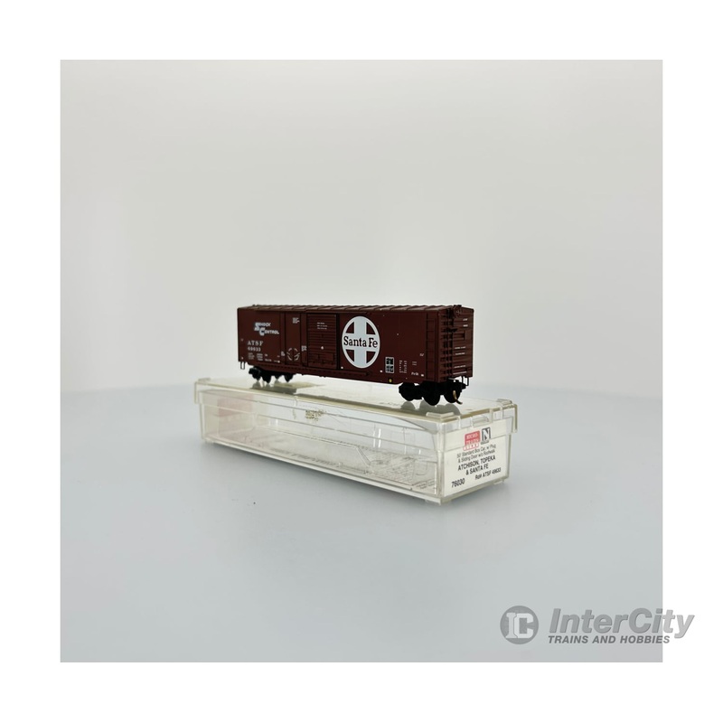 Micro Trains N 76030 50' Standard Boxcar w/Plug & Sliding Doors, No Roofwalk -- Santa Fe #49635 (Dark Boxcar Red, white)