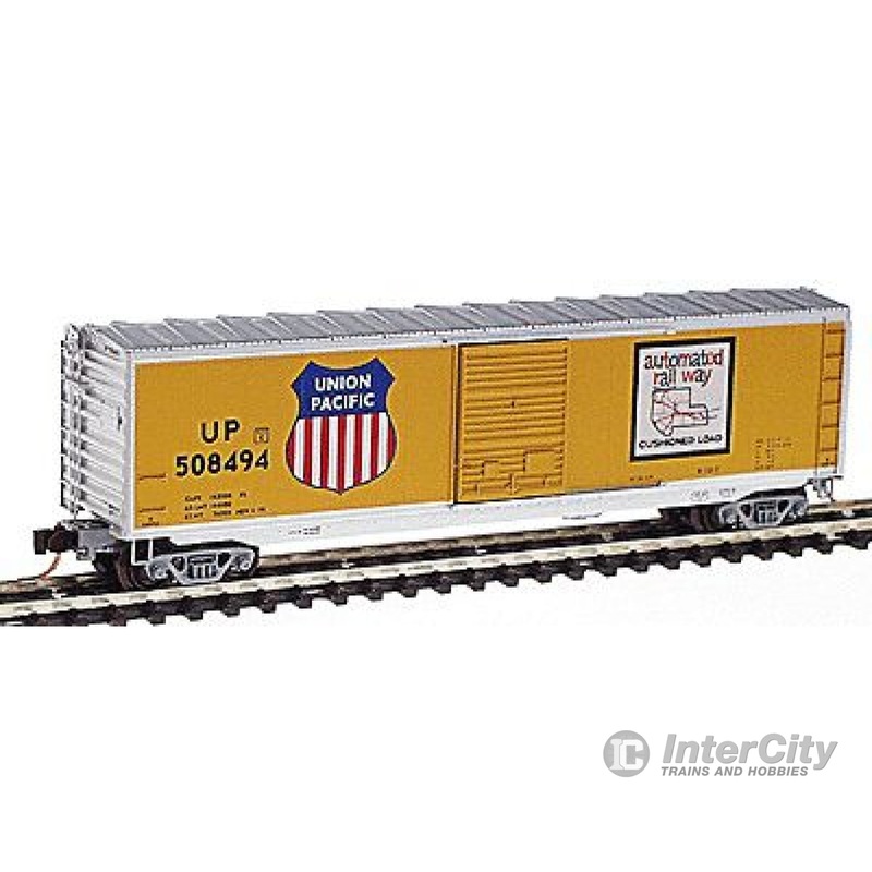 Micro Trains N 77090 50' Standard Single Door Boxcar -- Union Pacific #508494 (yellow, aluminum w/"Automated Railway" logo)