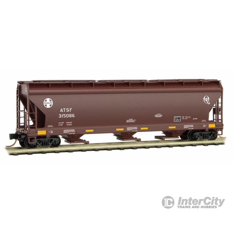 Micro Trains N 9400482 ACF 3-Bay Center Flow Covered Hopper w/Elongated Hatches - Ready to Run -- Santa Fe #315086 (Boxcar Red, Small Circle/Cross & Q Logos, Conspicuity Mark