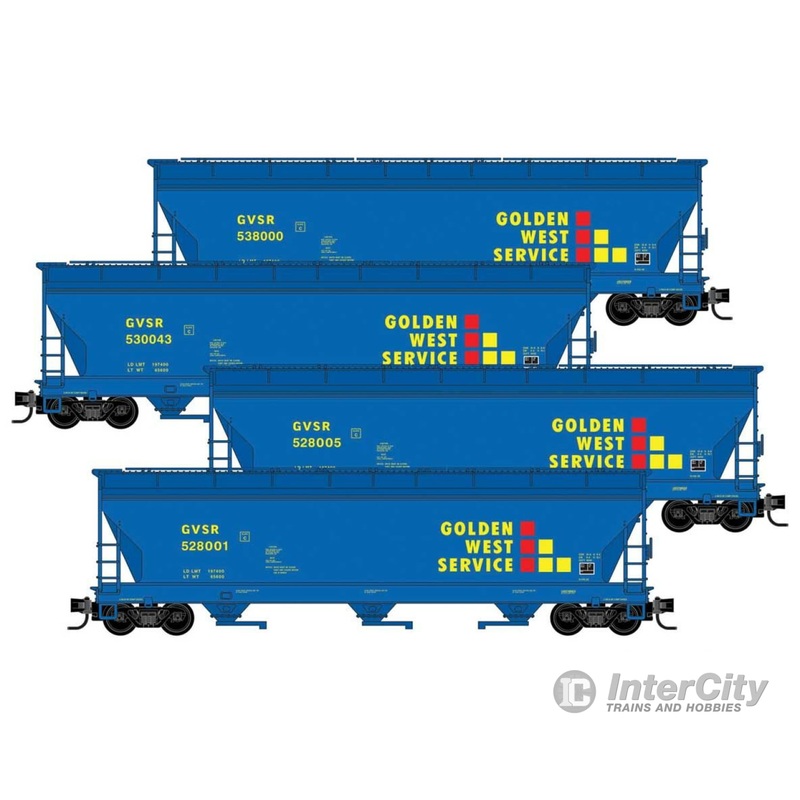 Micro Trains N 98300199 ACF 3-Bay Center Flow Covered Hopper w/Elongated Hatches 4-Pack - Ready to Run -- Golden West Service GVSR #528001, 528005, 530043, 538000 Jewel (blue, yellow