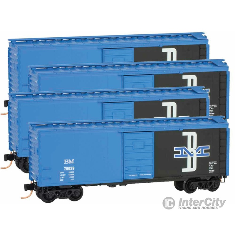 Micro Trains N 99300103 40' Single-Door Boxcar 4-Car Runner Pack - Ready to Run -- Boston & Maine #76029, 76038, 76047, 76156 (blue, black, white, McGinnis Log