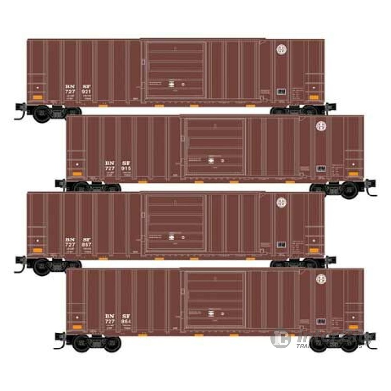 Micro Trains N 99300193 50' Rib-Side Single-Door Boxcar No Roofwalk 4-Pack - Ready to Run -- BNSF Railway #727864, 727887, 727915, 727921 (Boxcar Red)