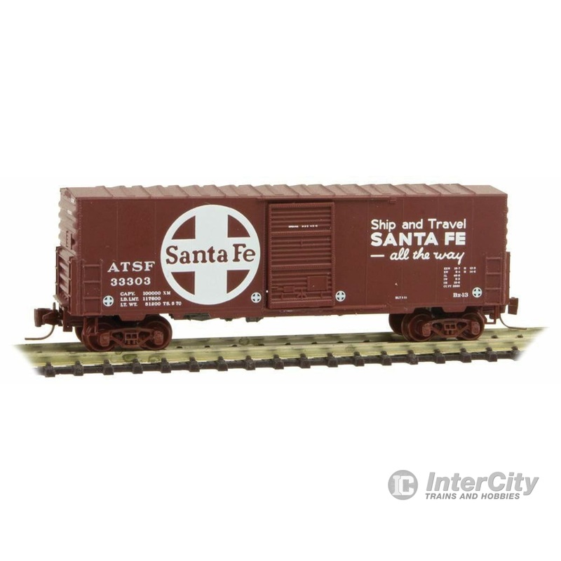 Micro Trains Z 50300132 40' Single-Door Boxcar No Roofwalk - Ready to Run -- Santa Fe #33303 (Boxcar Red, white, Large Logo, Ship & Travel Slogan)