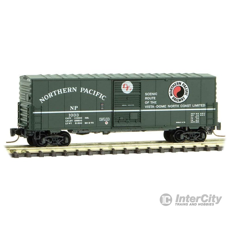 Micro Trains Z 50300171 40' Single-Door Boxcar No Roofwalk - Ready to Run -- Northern Pacific 1033 (green, white, black, red, North Coast Limited Slogan)
