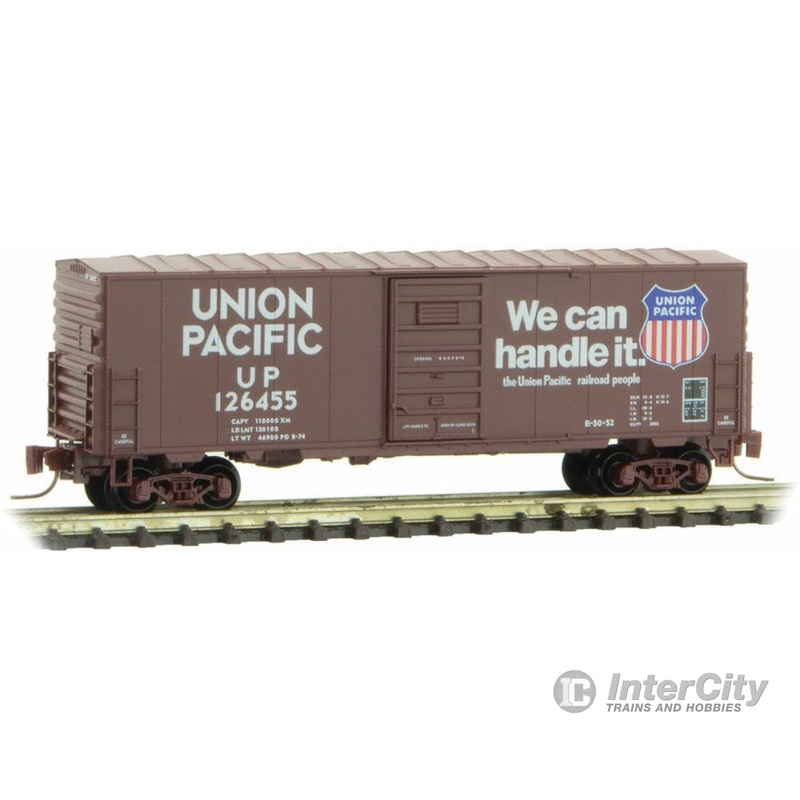 Micro Trains Z 50300191 40' Single-Door Boxcar No Roofwalk - Ready to Run -- Union Pacific 126455 (Boxcar Red, Large Shield, We Can Handle It Slogan)